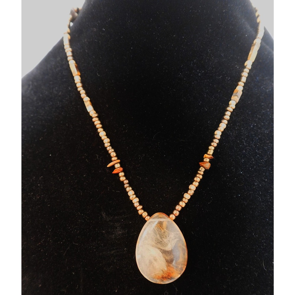 Vintage Boho Necklace Lodolite Garden Quartz Pendant Bronze Beads Gemstones